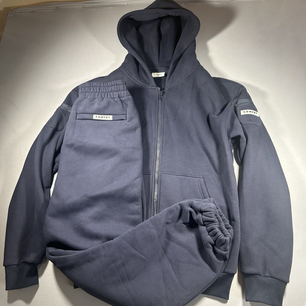 Comfrt Sweatsuit 2pc Set Navy Full Zip Hoodie Jogger Small Medium Airplane